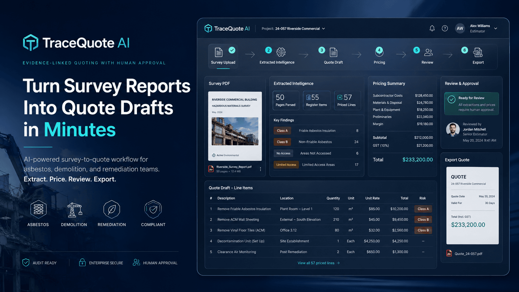 TraceQuote AI dashboard turning a 50-page asbestos survey into a priced quote draft